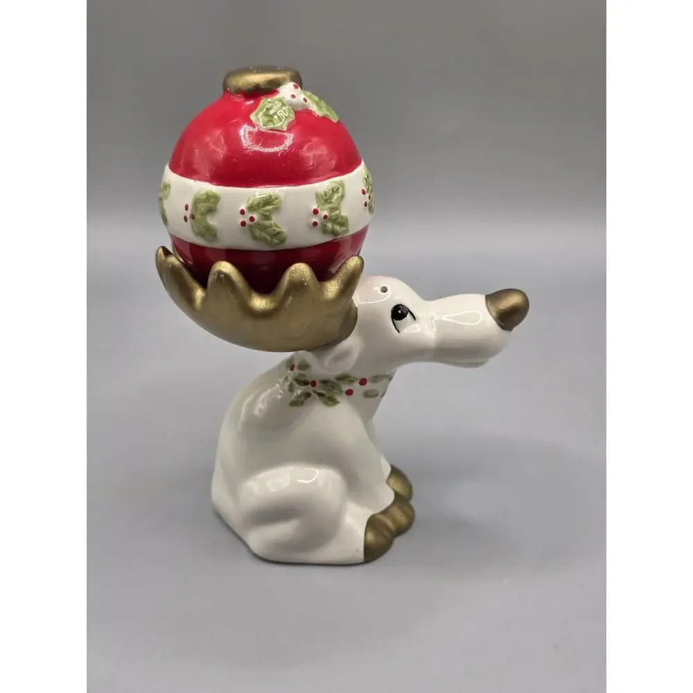 Vtg Fitz and Floyd Omnibus Reindeer Ornament Stacking S&P Shakers(dmg)